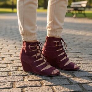 Sam Edelman | Women's Burgundy Strappy Suede Wedge Sandal Bootie | 8